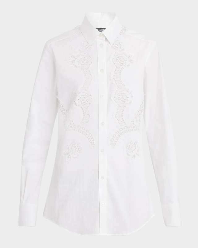 Lace Inset Poplin Button Down Blouse